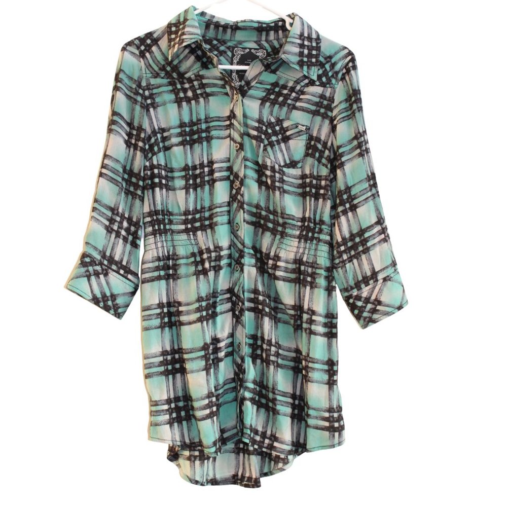GUESS, Black & Green Plaid Tunic, Size M